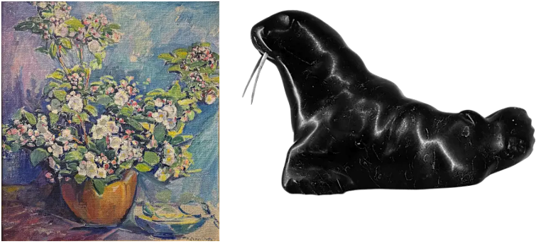 Painting of flowers and sculpture of a Seal